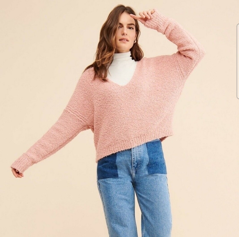 Free People Finders Keepers V-Neck Cotton Sweater In Nude Peach Size Medium